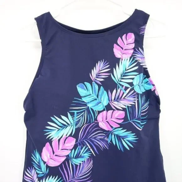 NWOT Lands End Navy Blue Tank Tankini Swim Top Palm Print Purple Size 12 - Picture 2 of 9